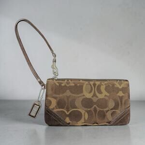 Coach Signature Optic C Tan Brown Jacquard Leather & Suede Wristlet Y2K Mini